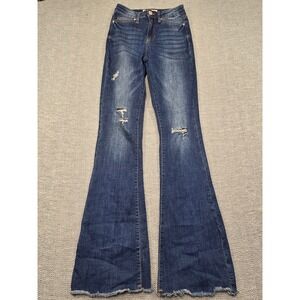 YMI High Rise Flare Jeans Dark Wash Distressed Frayed Hem Size 1/25 P39243
